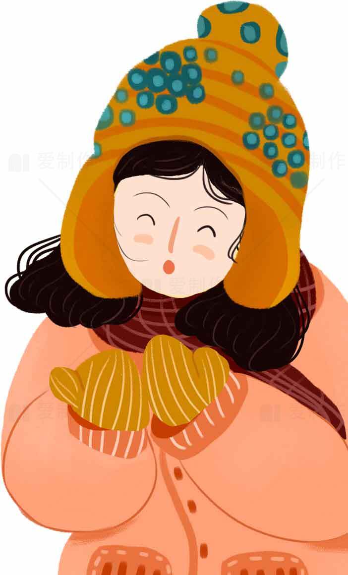冬季可爱女孩插画：暖色系手绘风格素材