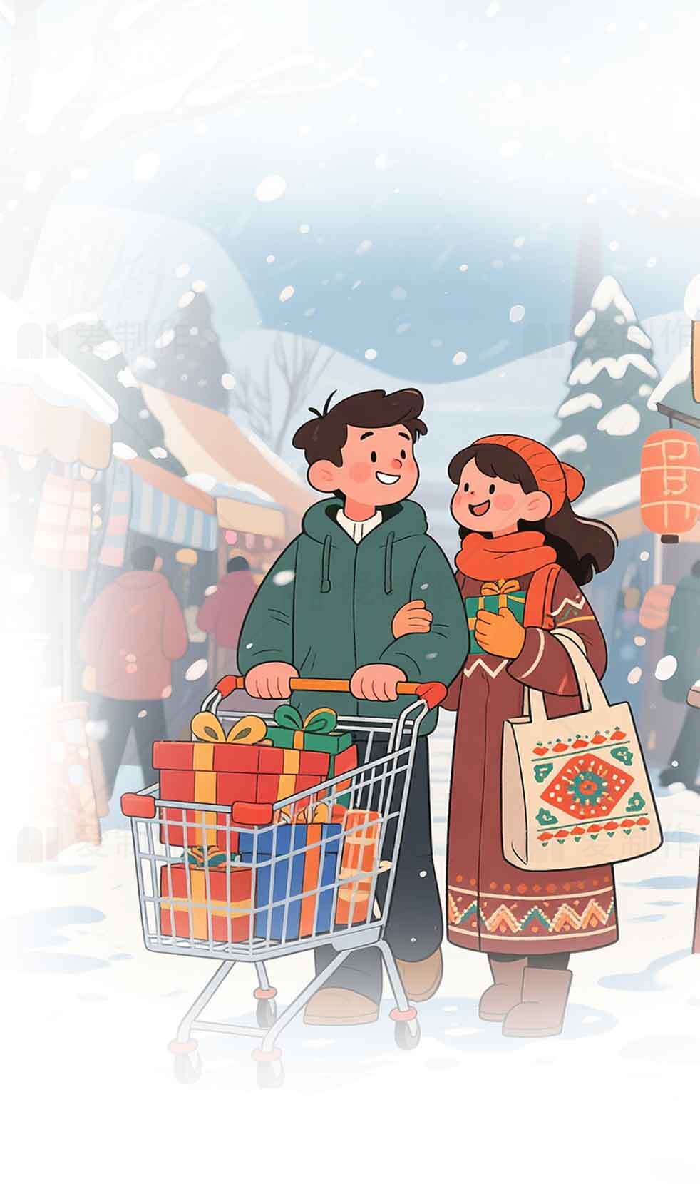 冬季节日购物插画：温馨的雪景与礼物素材