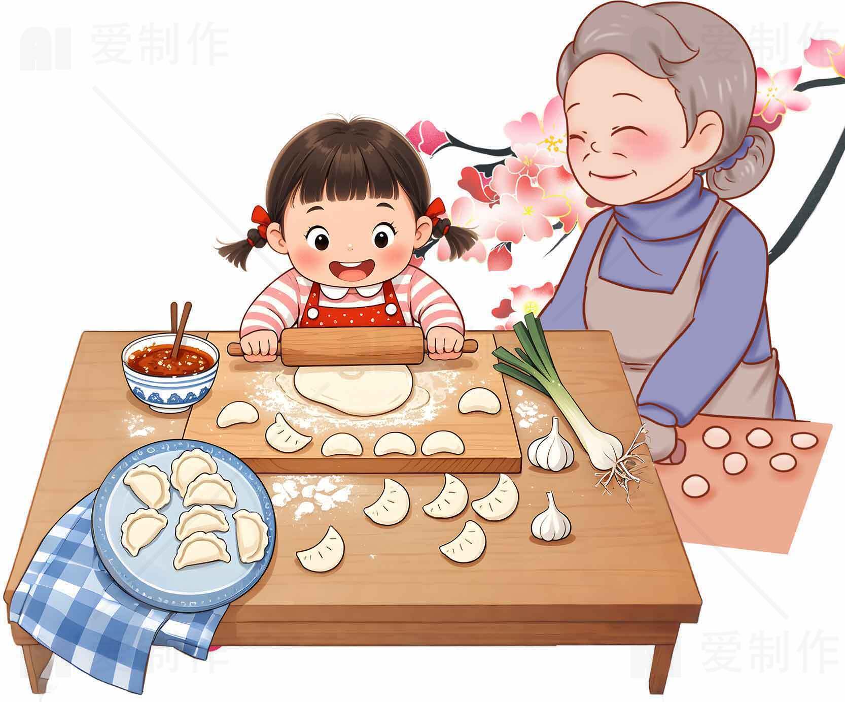 家庭亲子包饺子温馨场景插画素材