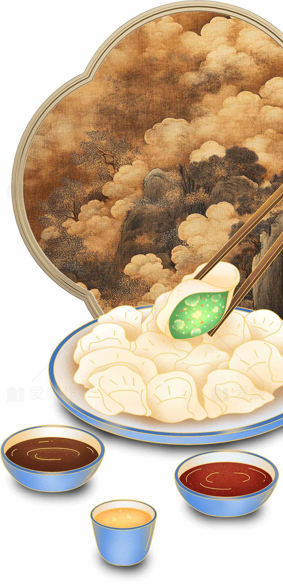 中国传统美食饺子与山水画背景的完美结合素材