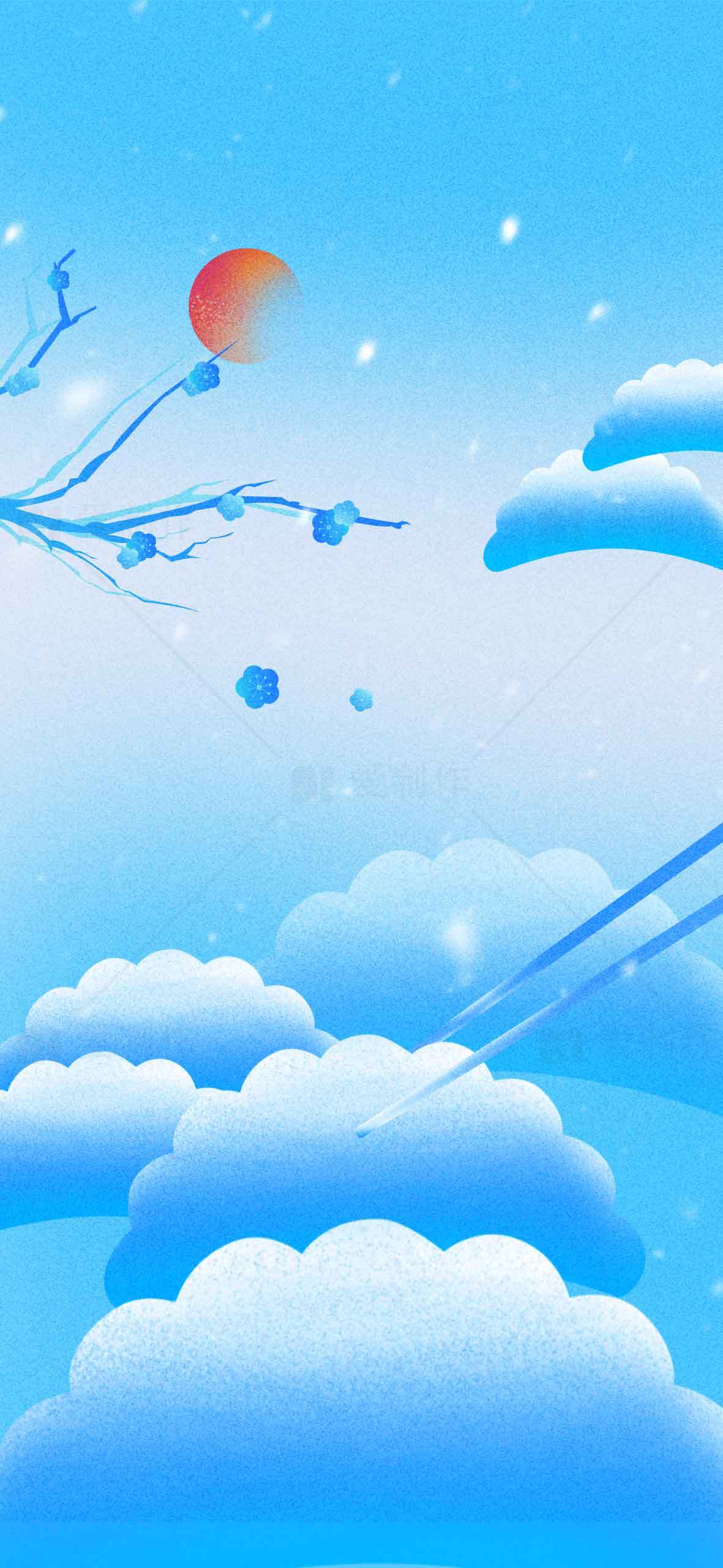 唯美蓝色天空与云朵插画背景图片素材