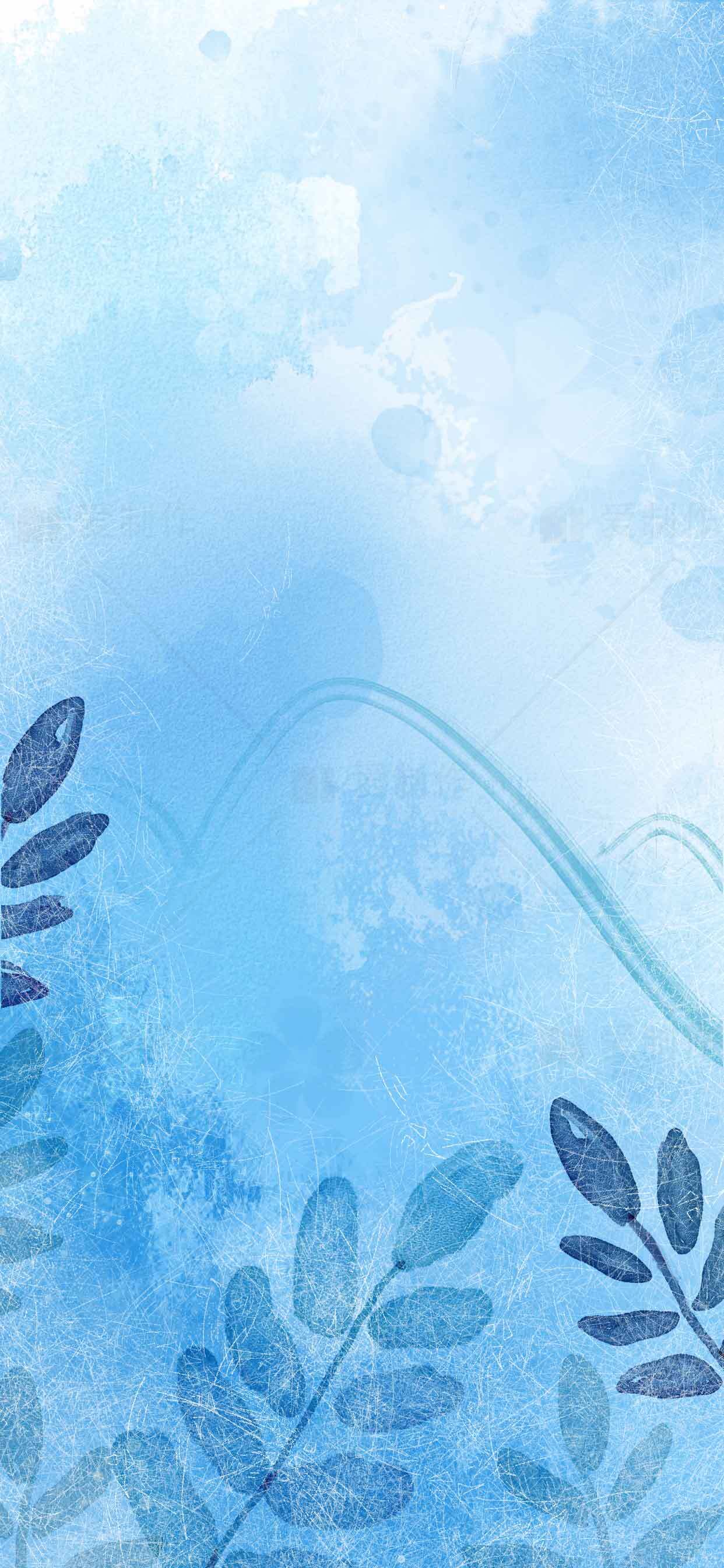 清新蓝色背景图片：自然叶子与水彩艺术设计素材