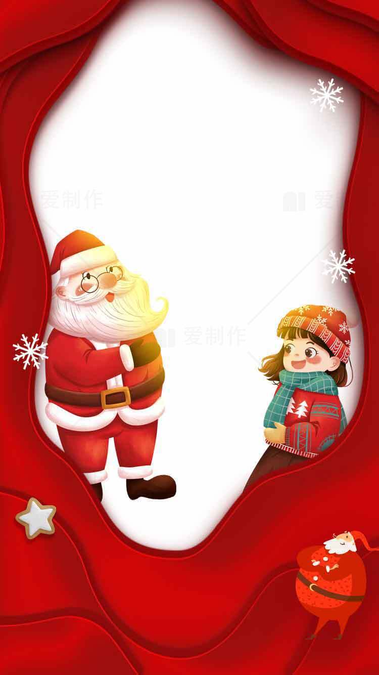 圣诞节红色背景图片，圣诞老人和小女孩插画设计素材