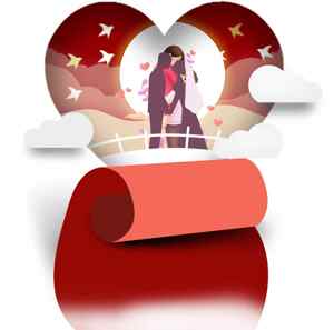 浪漫爱情插画设计：红色心形与情侣剪影