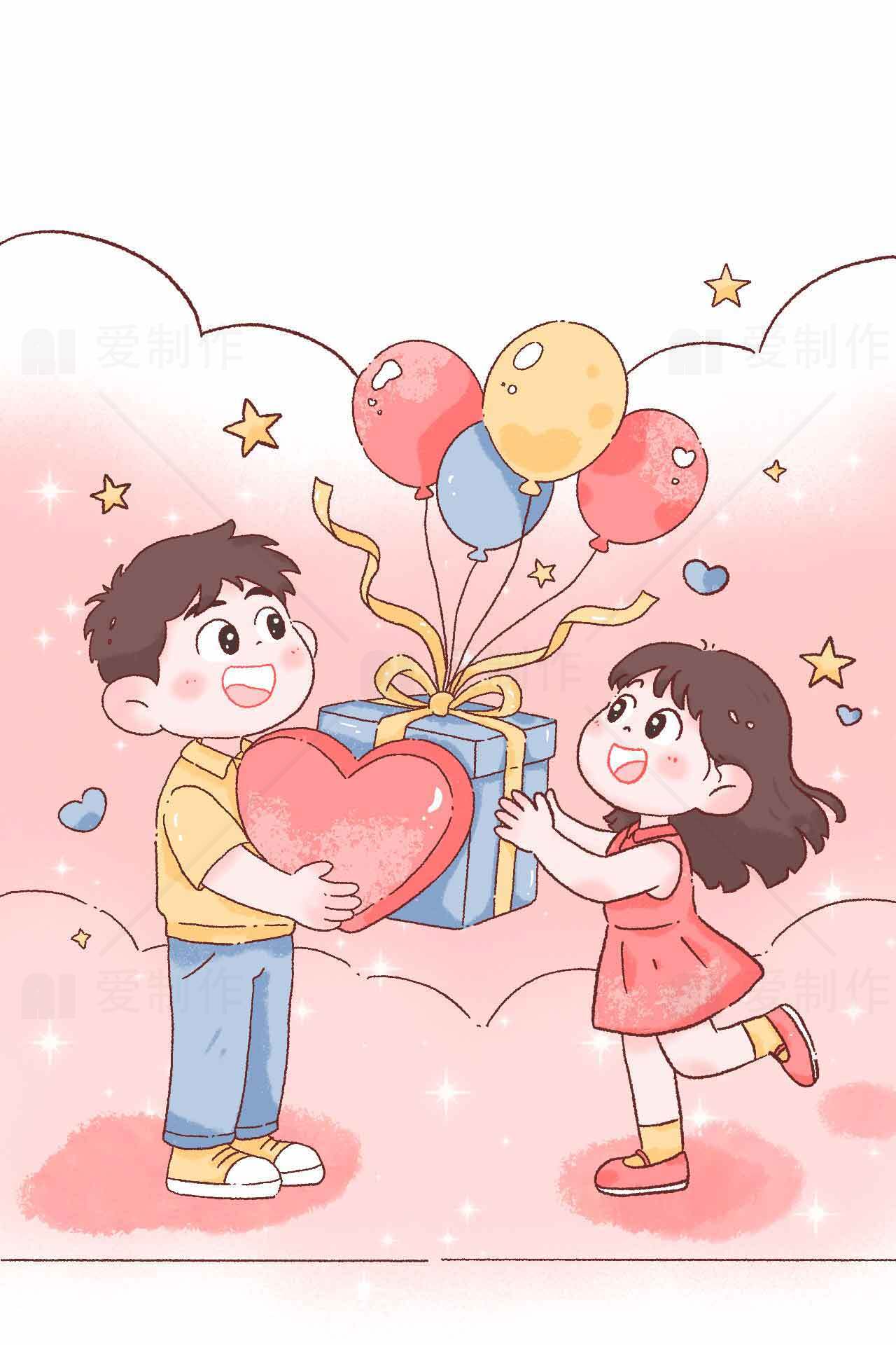 浪漫情侣礼物插图：气球与爱心的甜蜜瞬间素材
