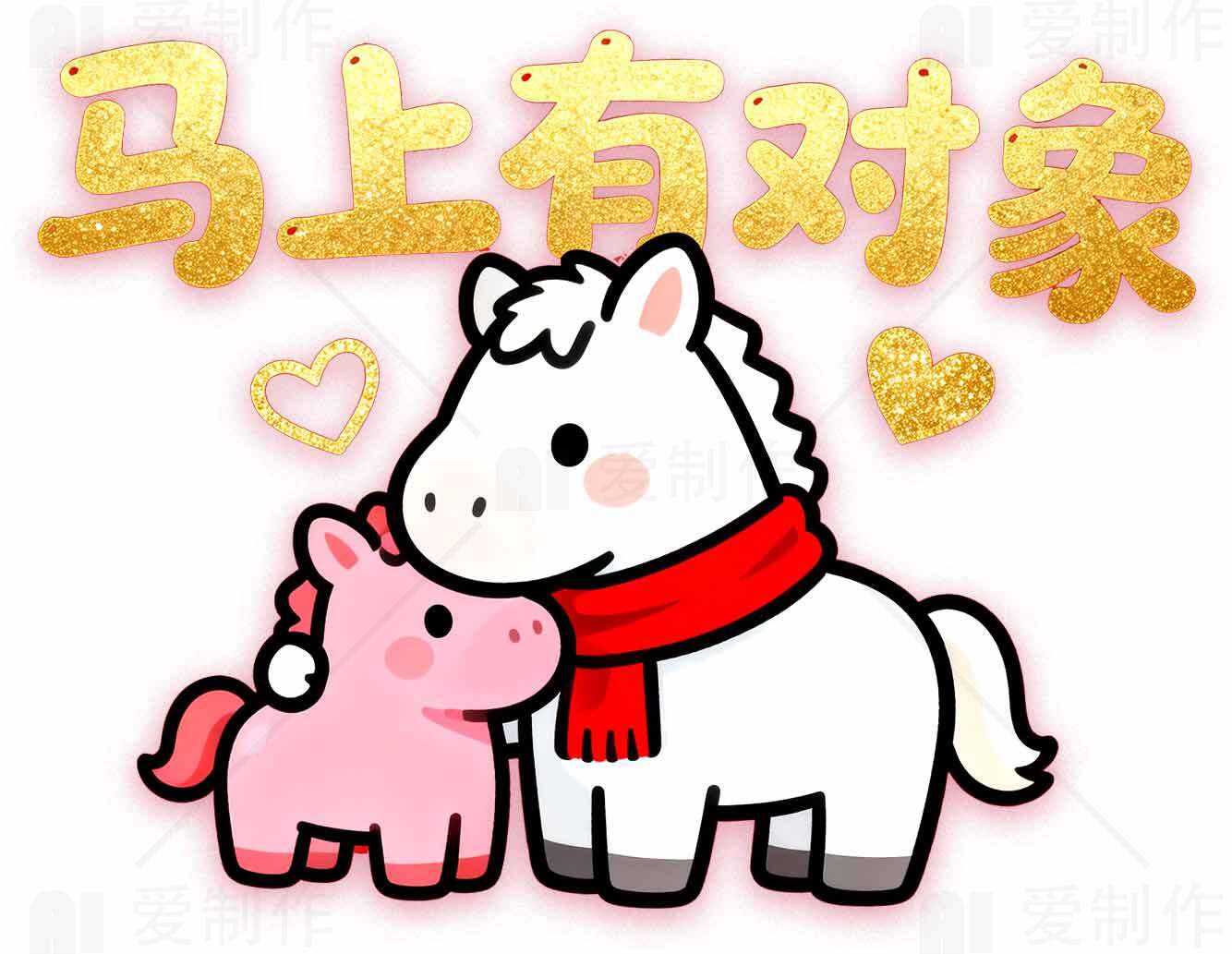马上有对象卡通图片可爱马情侣插画素材