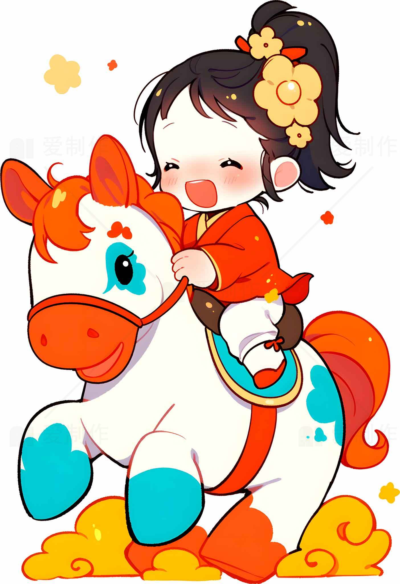 可爱卡通女孩骑马插画图片素材