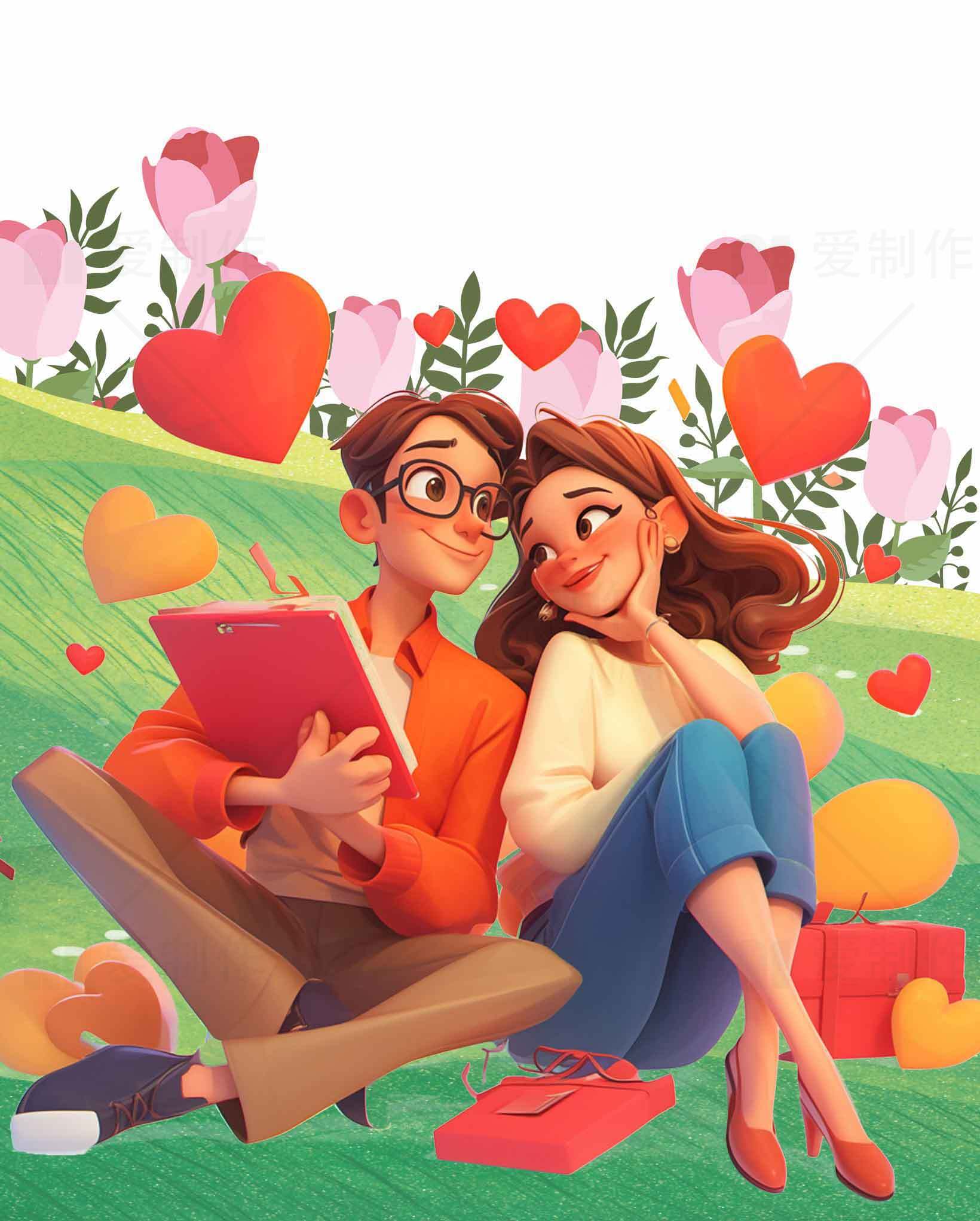 浪漫情侣插画：爱意满满的田园时光素材