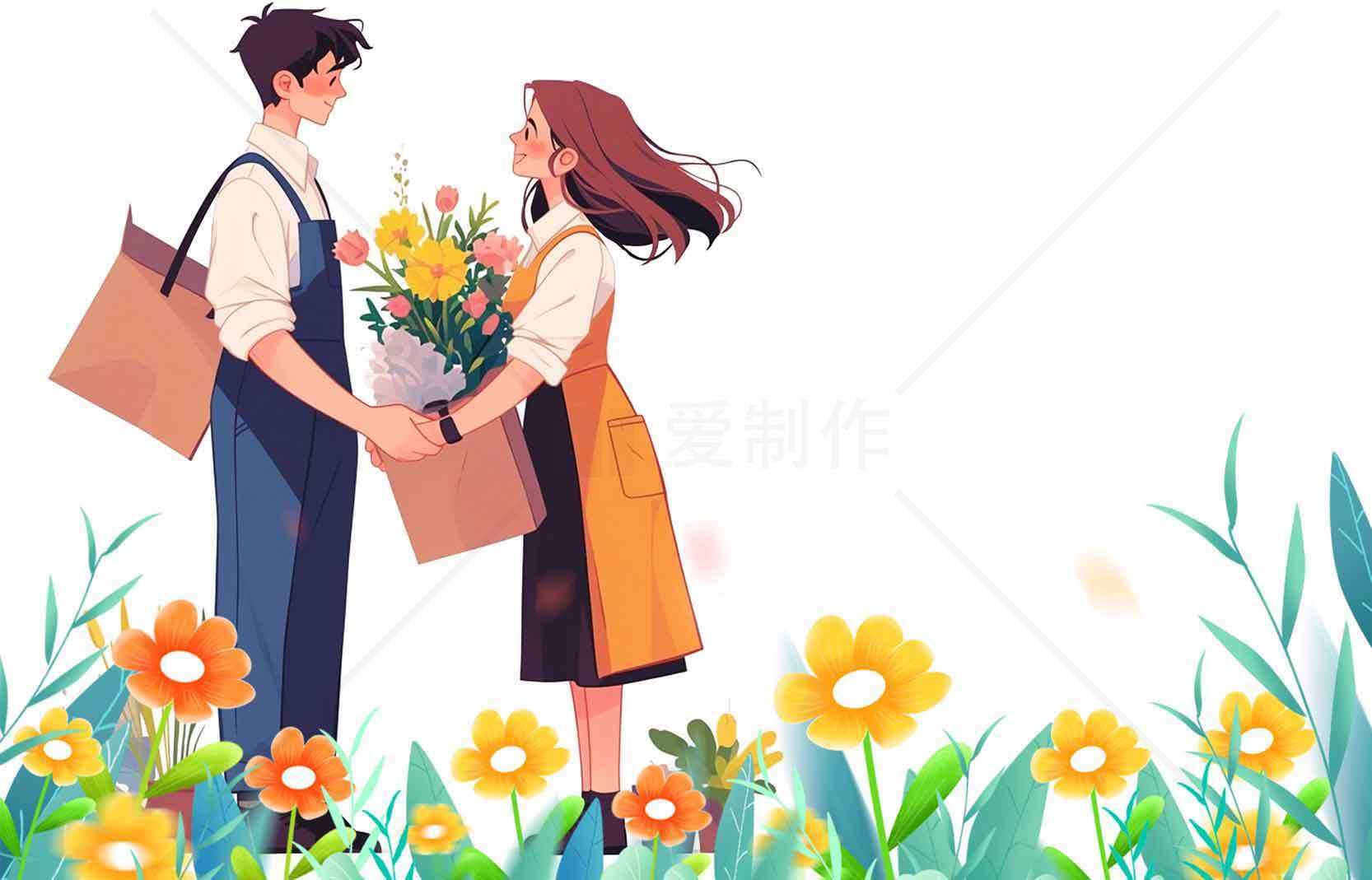 浪漫花园中的温馨邂逅插画素材