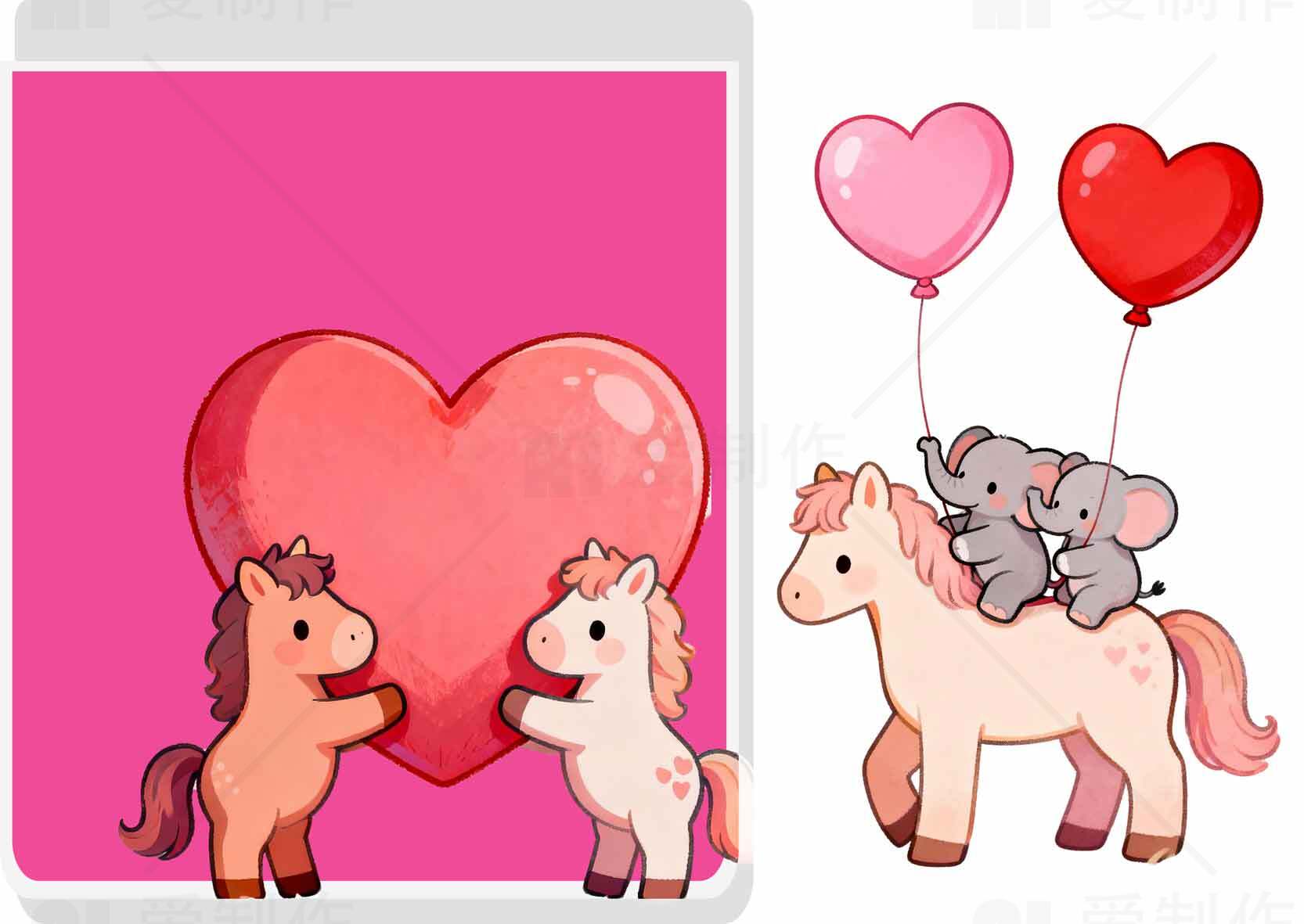 可爱卡通动物与爱心气球插画设计素材