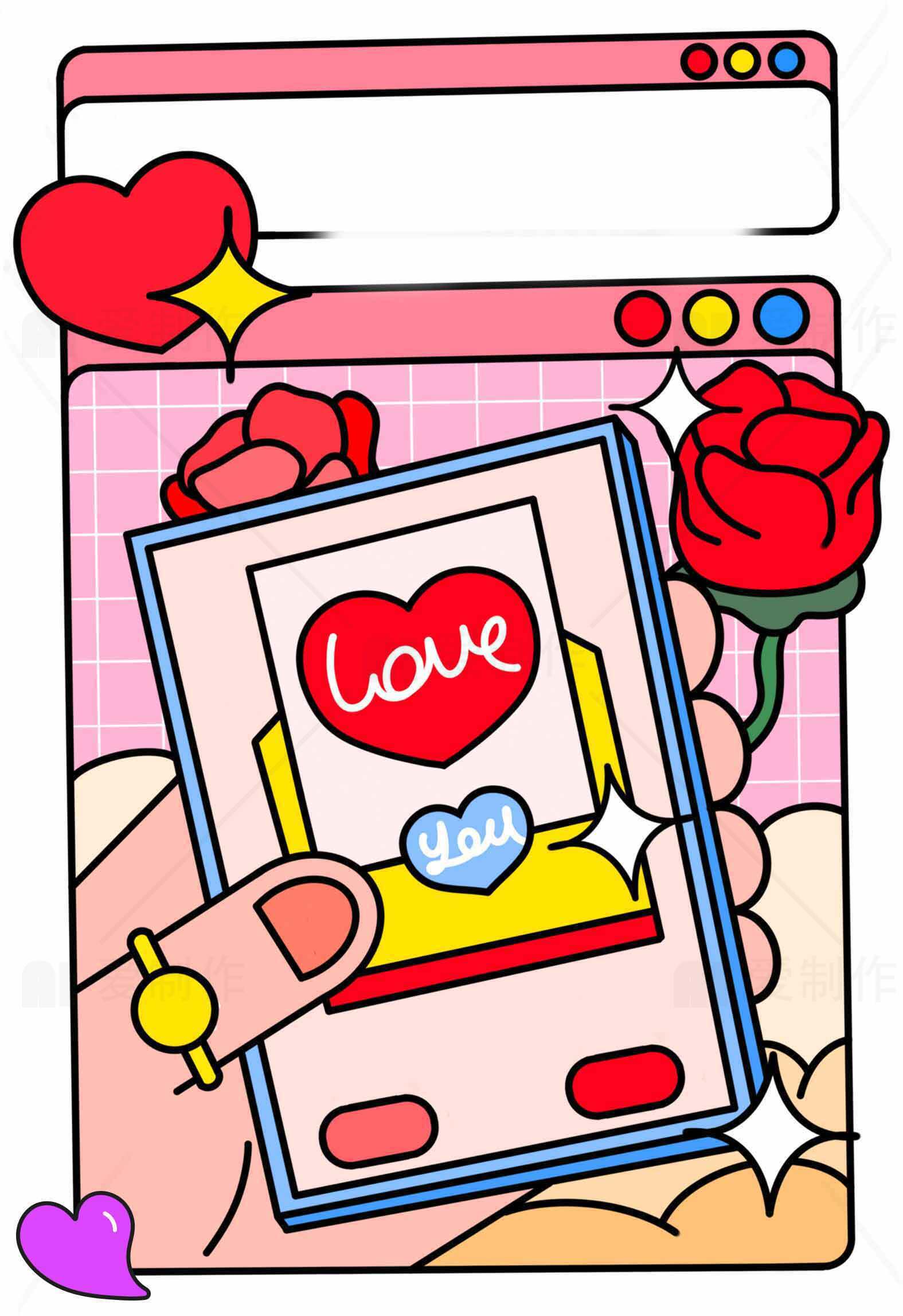 浪漫爱情卡片插画设计：爱与玫瑰的表达素材