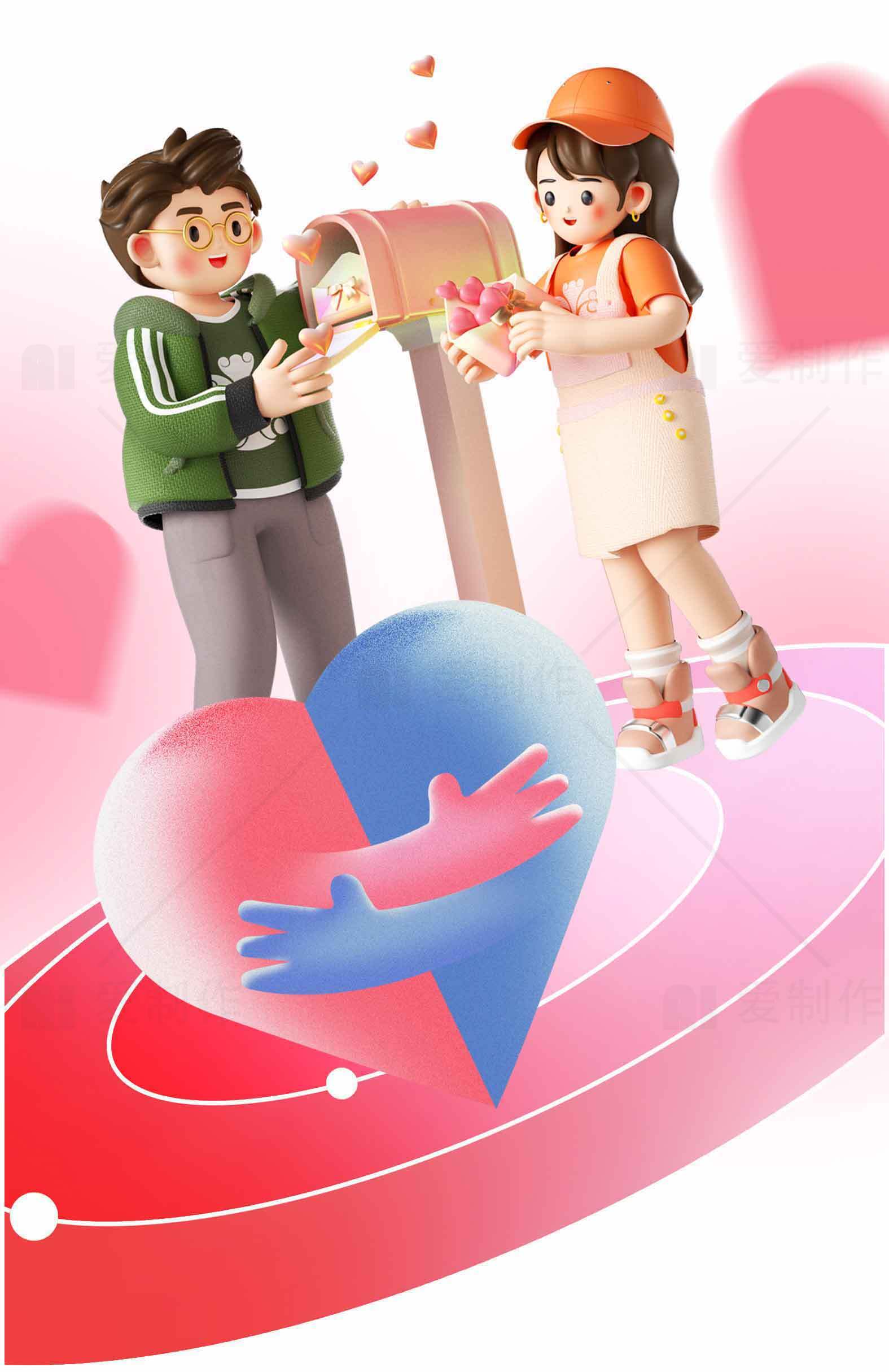 浪漫爱情卡通插画：甜蜜邮寄心意素材