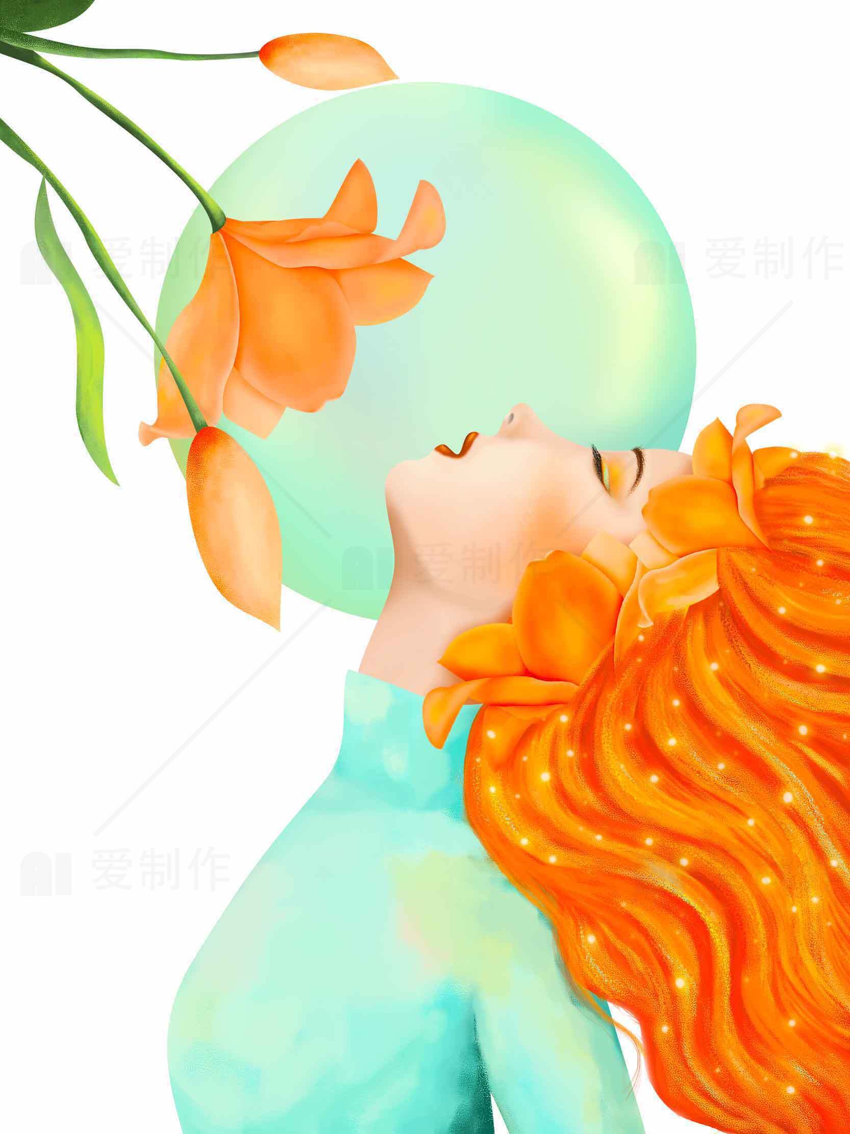 梦幻橙发少女与花卉艺术插画素材