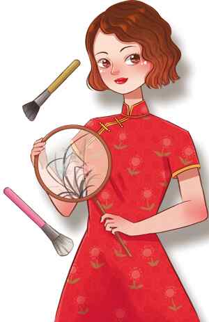 红色旗袍与化妆元素插画设计