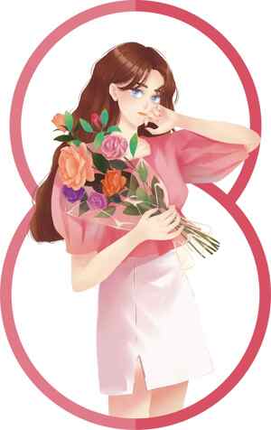 手捧花束的插画少女图片