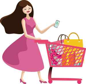 时尚女性购物插画：快乐购物车与手机支付