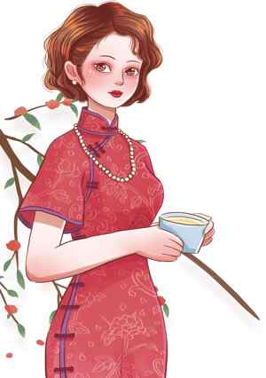 复古旗袍女子插画：优雅与茶香的邂逅