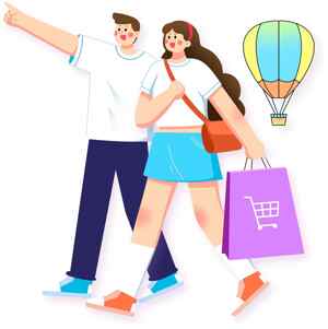 购物与旅行插画：热气球与年轻人