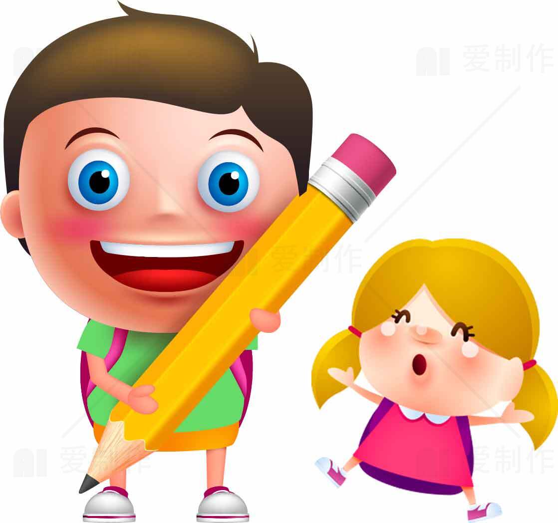 卡通儿童与大铅笔插画图片素材