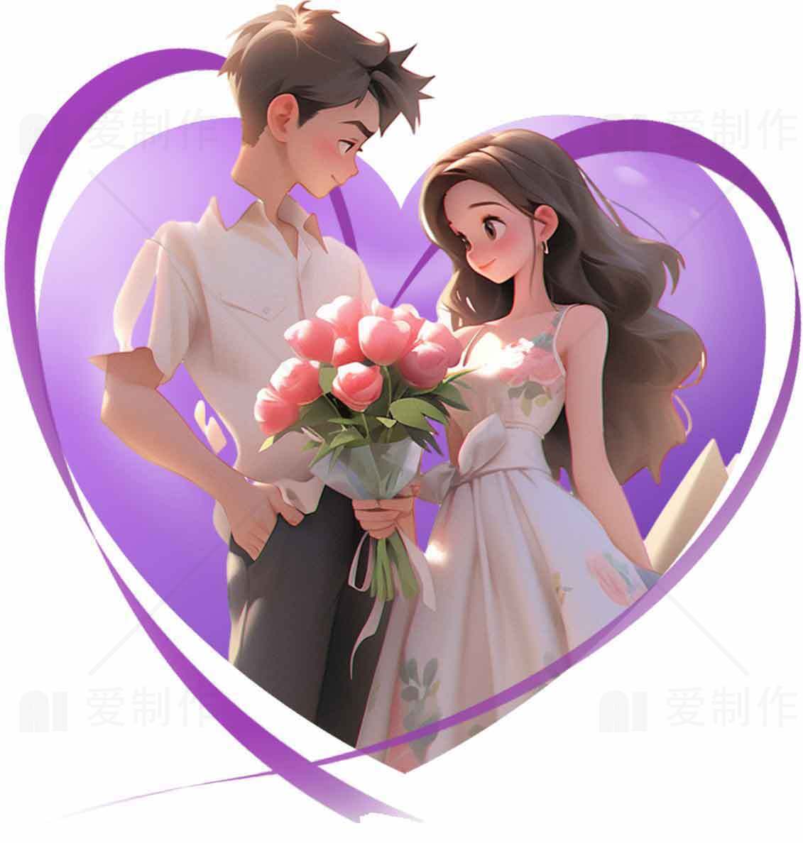 浪漫紫色心形背景情侣插画图片素材