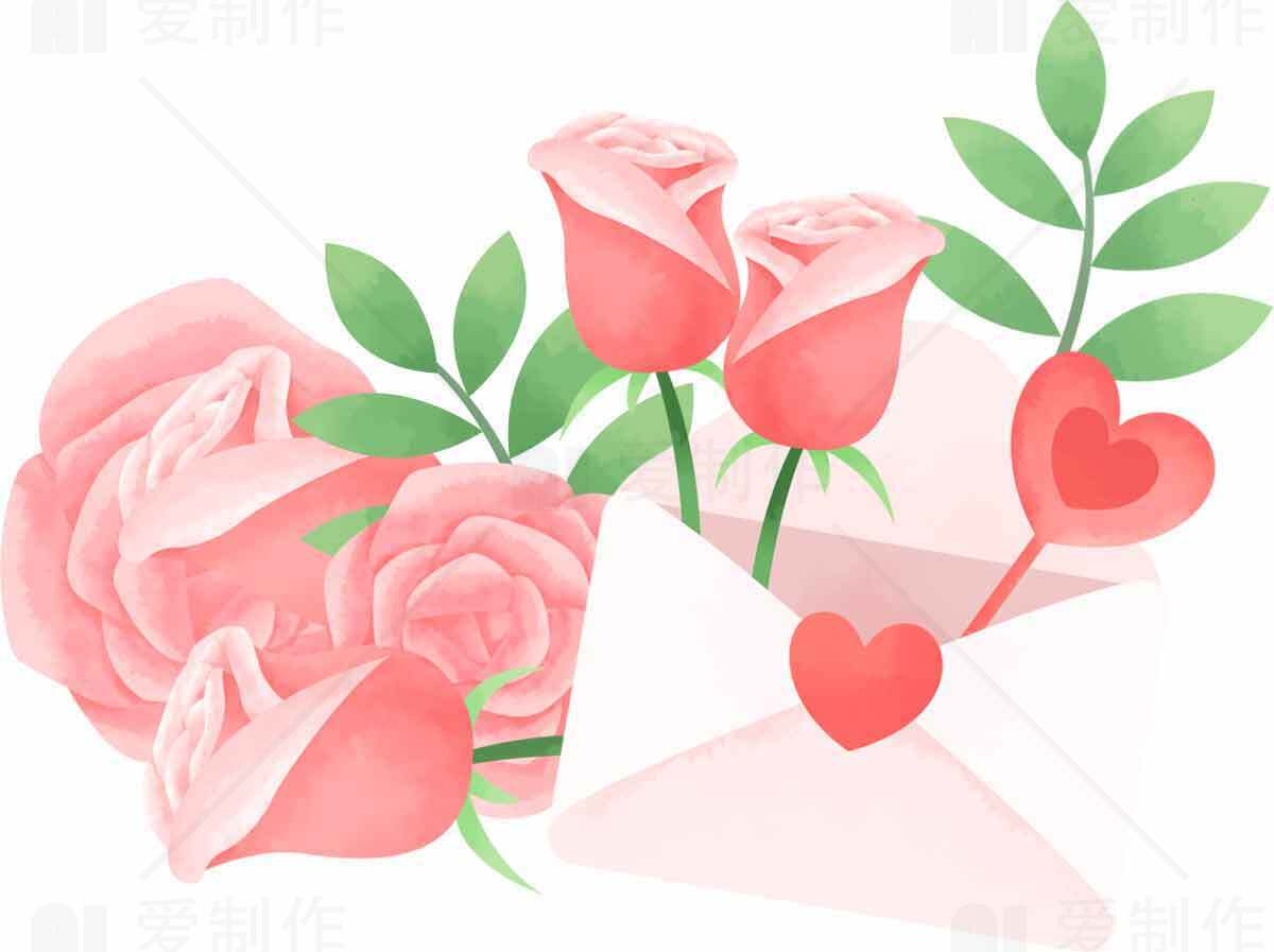 浪漫玫瑰与情书插画图片素材