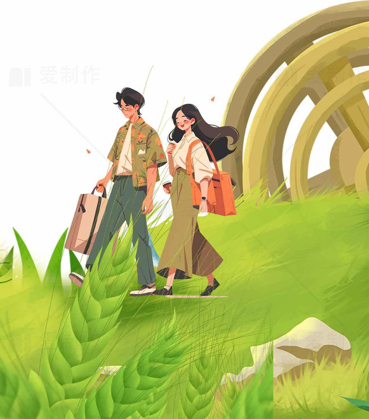 春日郊游插画：情侣漫步绿色田野素材