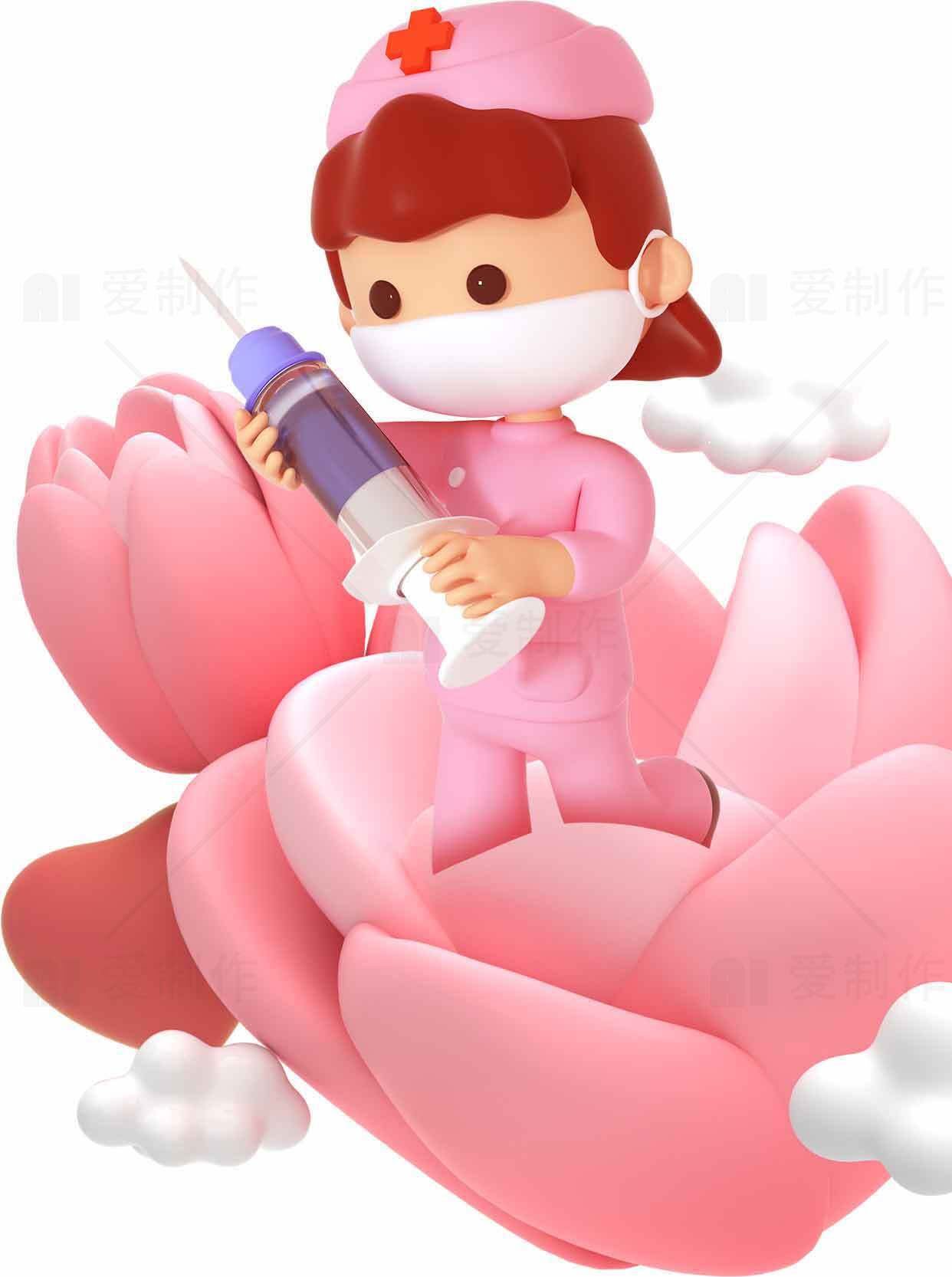 可爱护士卡通形象与粉色花朵背景插画素材