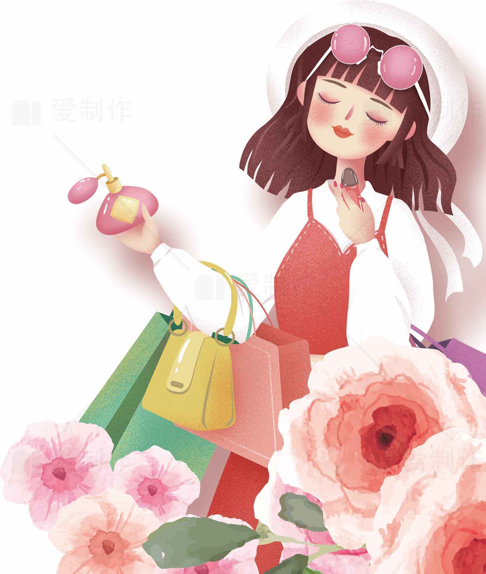 时尚购物女孩插画：浪漫与优雅的结合素材