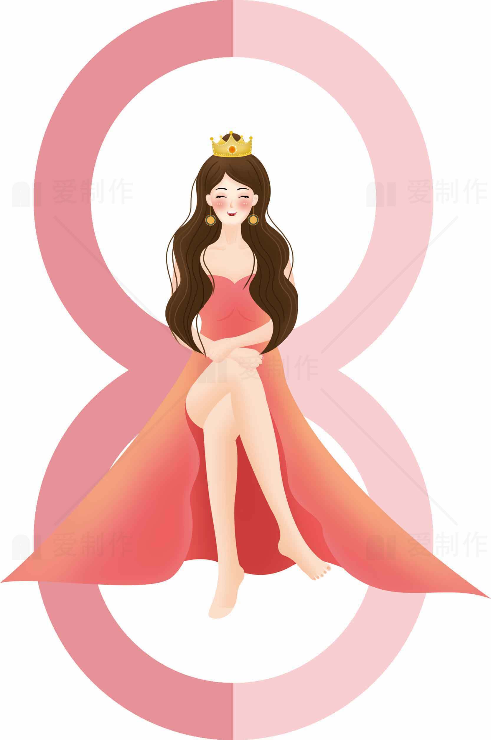 女性节日插画设计：优雅女性与数字8的结合素材