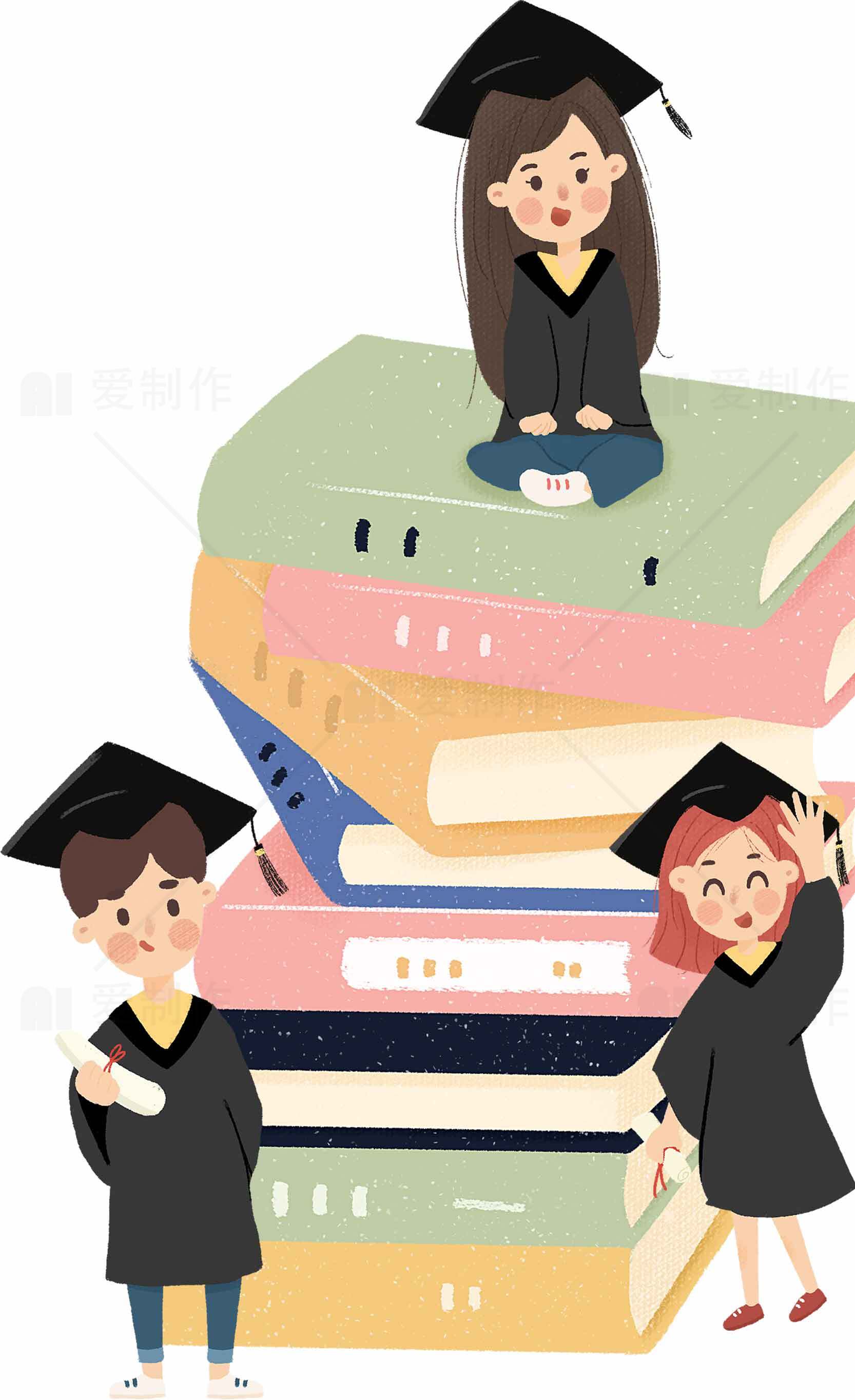 毕业季卡通插画：学士帽与书籍的完美结合素材