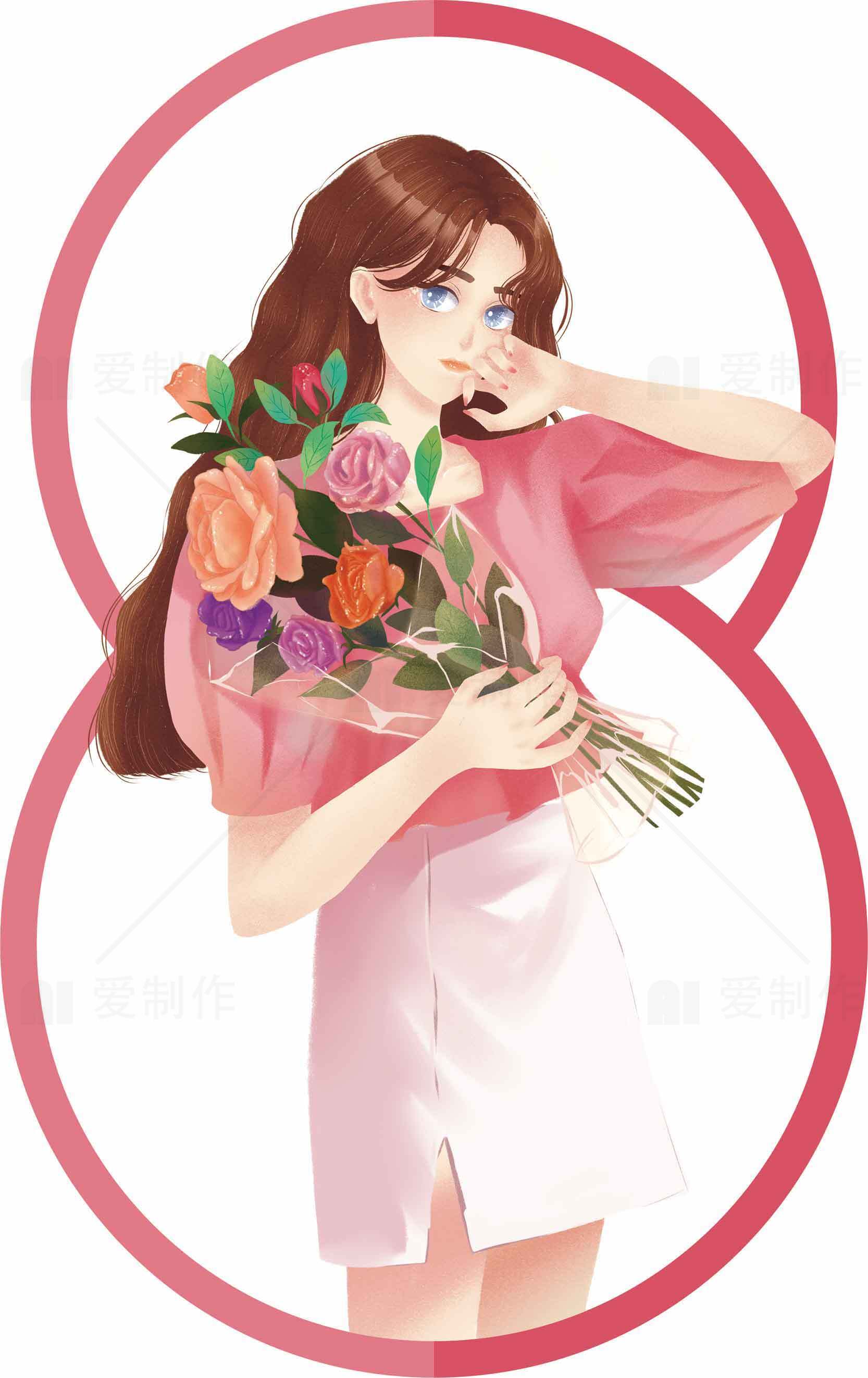 手捧花束的插画少女图片素材