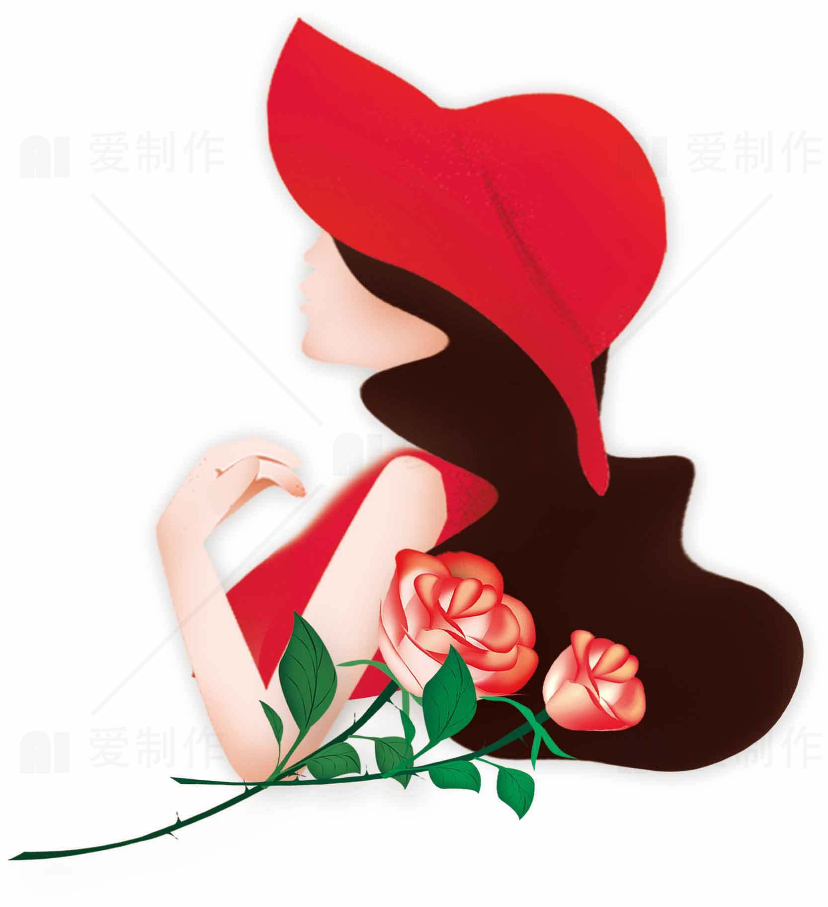 红色帽子与玫瑰插画唯美风格图片素材