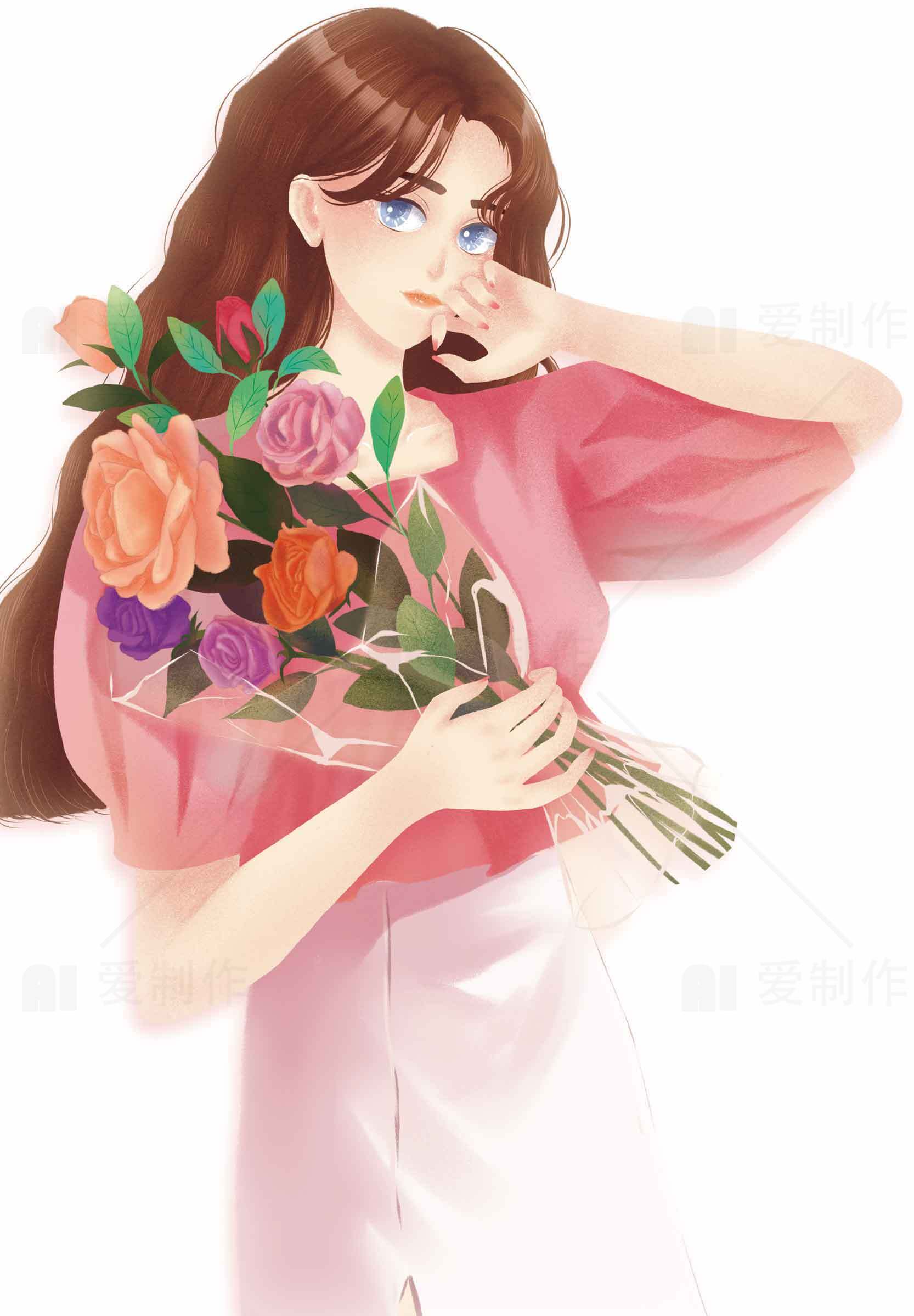 手捧花束的少女插画唯美图片素材