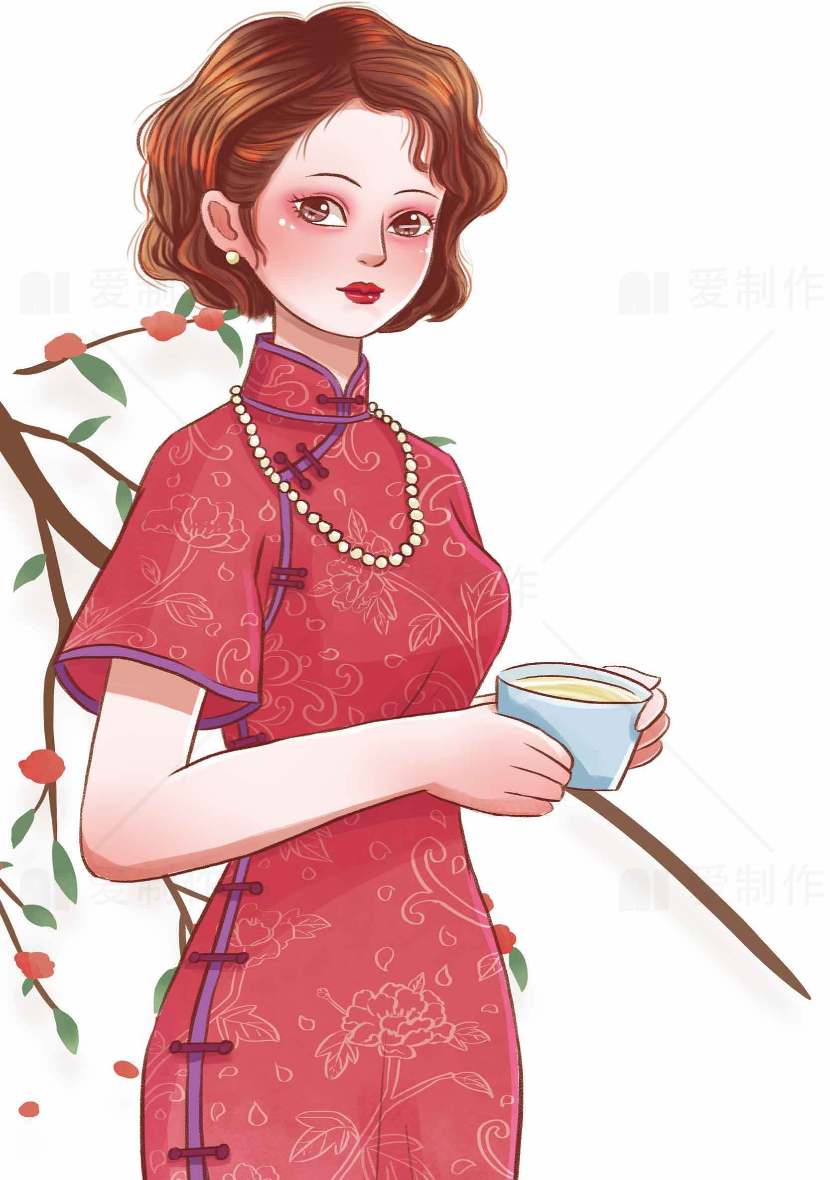 复古旗袍女子插画：优雅与茶香的邂逅素材