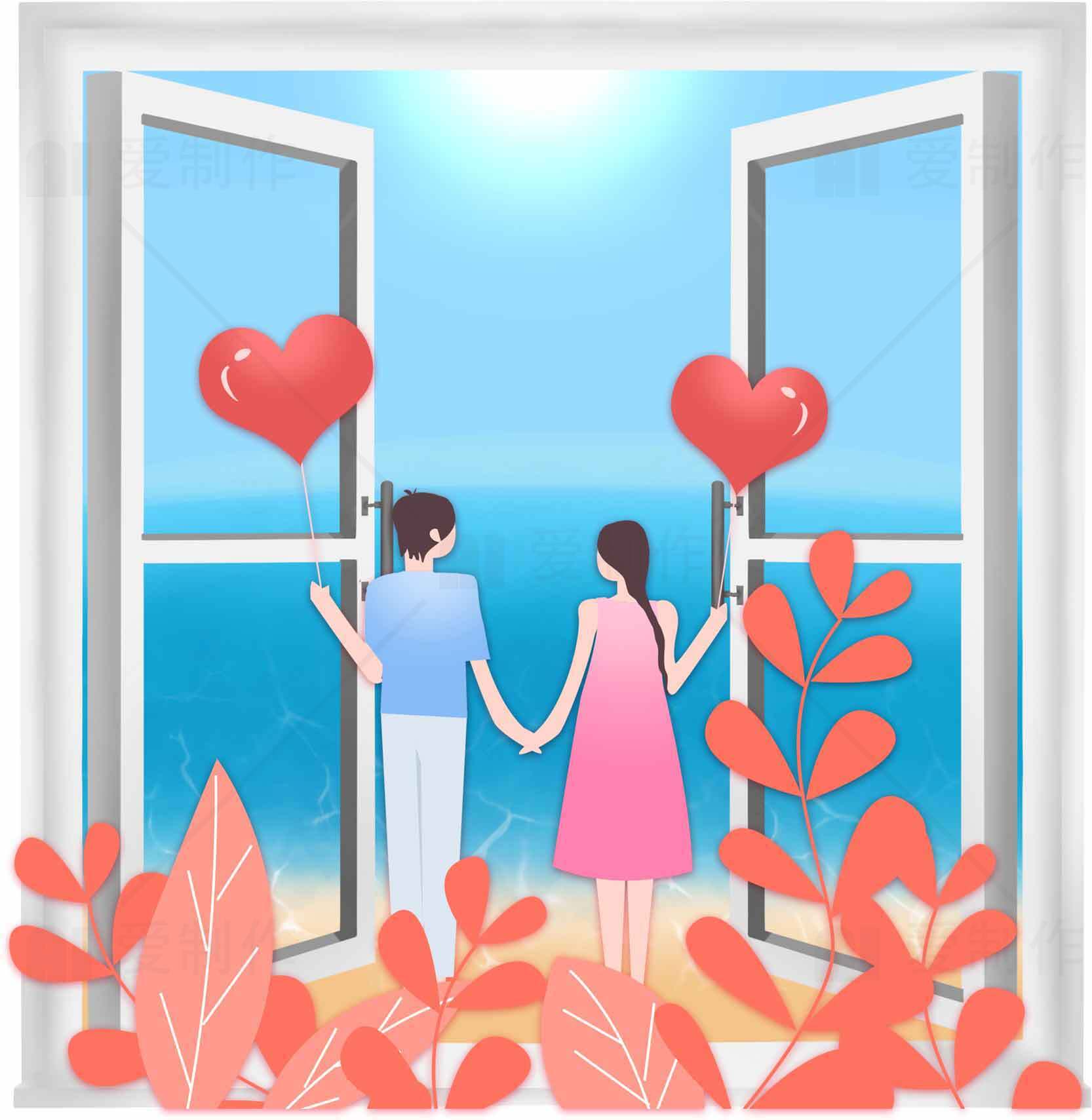 浪漫海边情侣手牵手插画图片素材