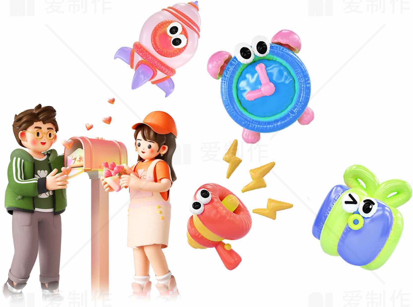 创意卡通风格插画：爱情与礼物主题素材