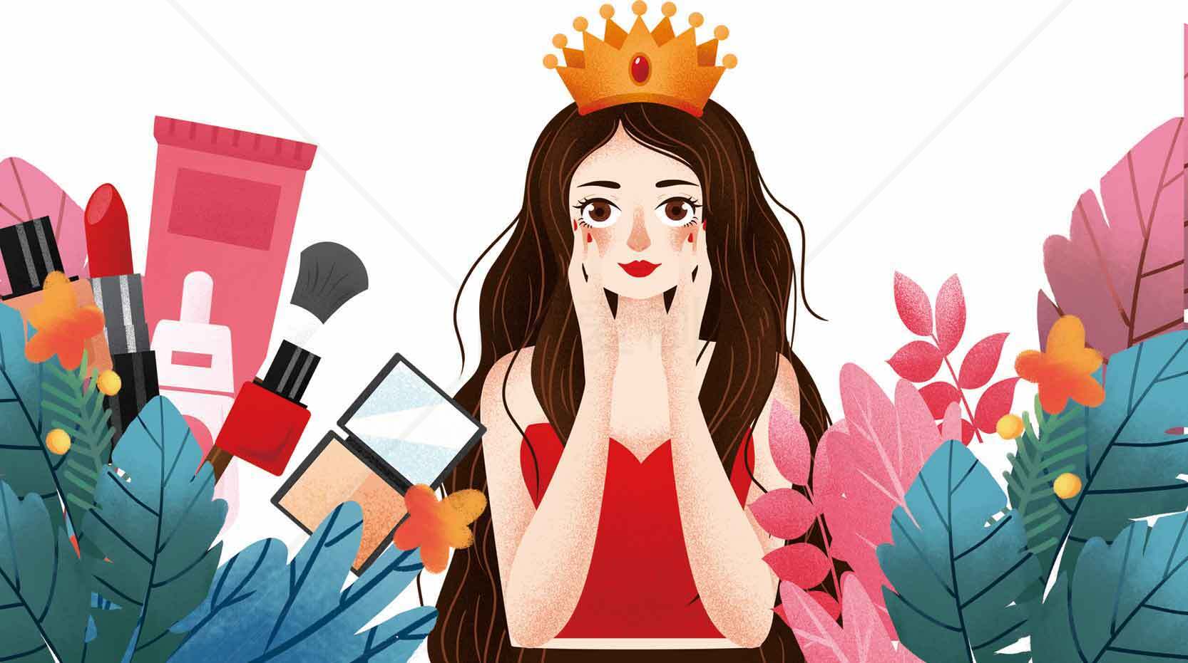 美妆与自然元素结合的插画设计素材