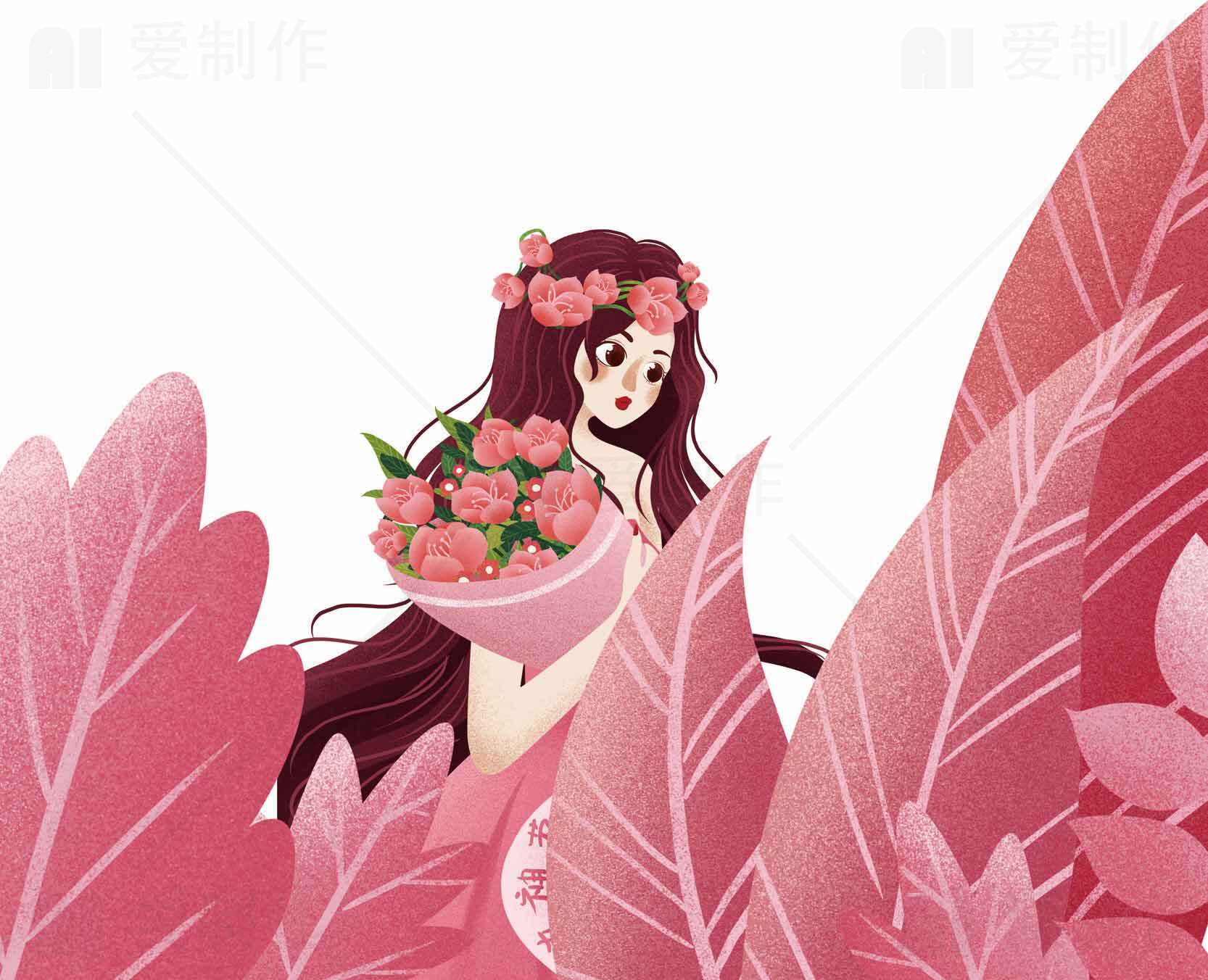 浪漫插画：手捧花束的少女与粉色叶子背景素材
