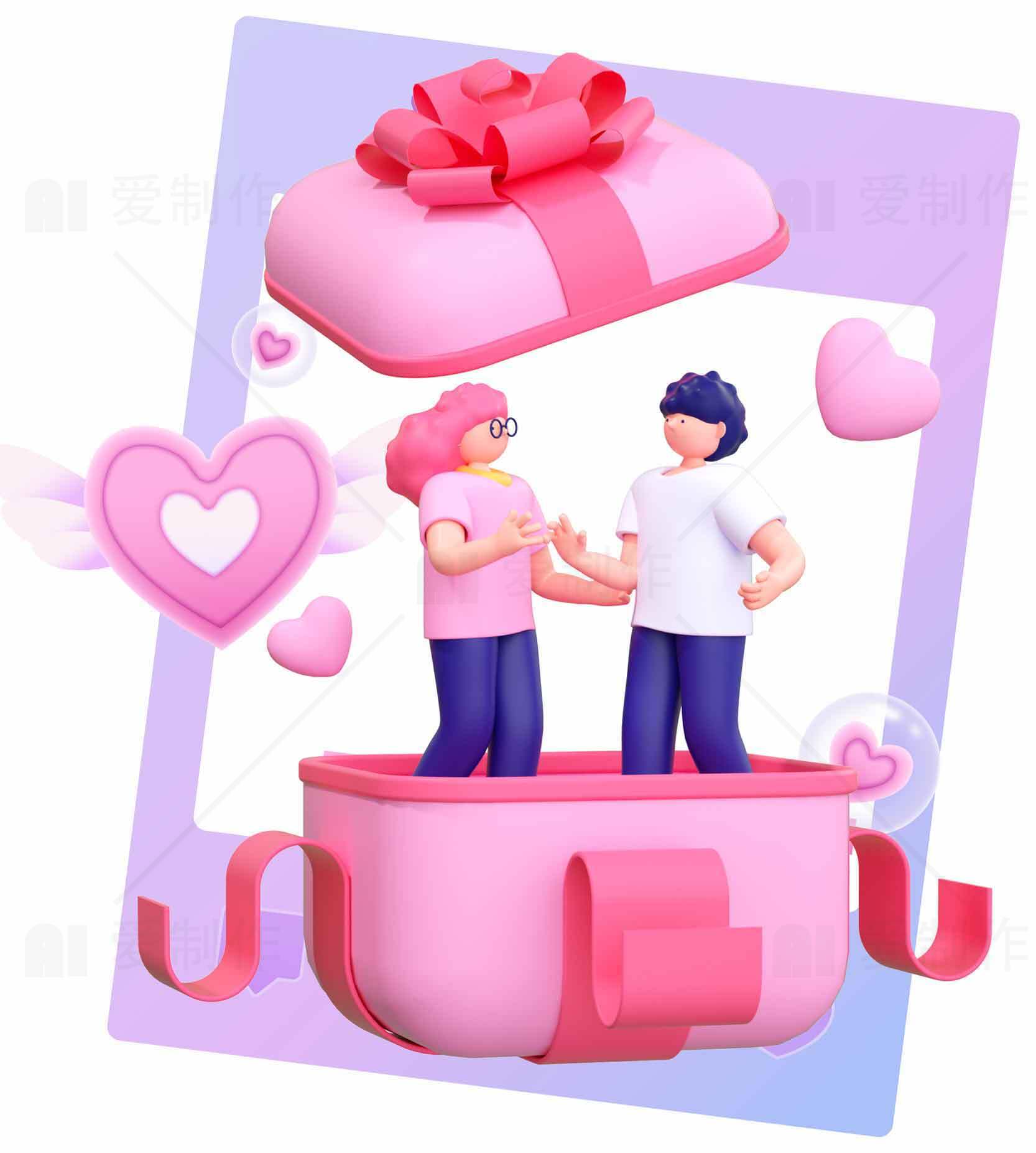 浪漫礼物盒中的爱情卡通插画素材