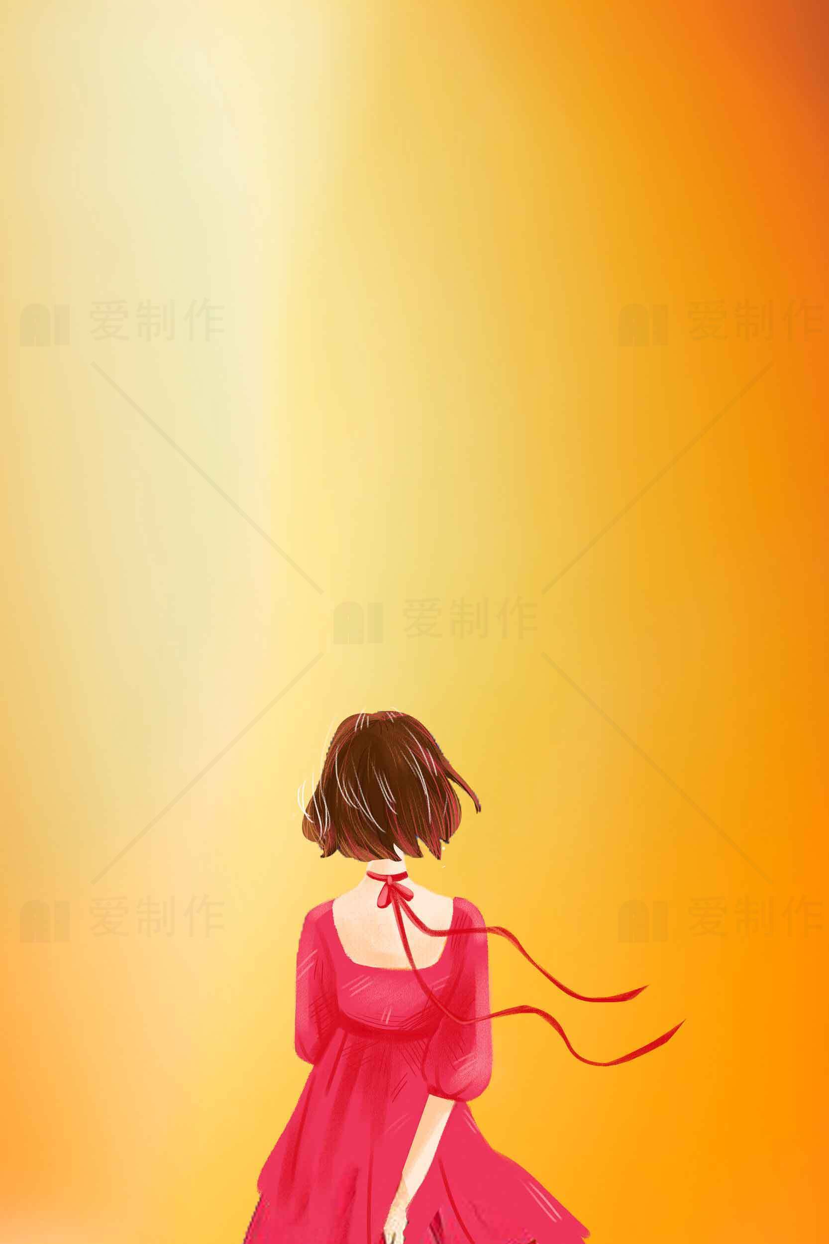 唯美背影插画：红裙少女与暖阳背景素材