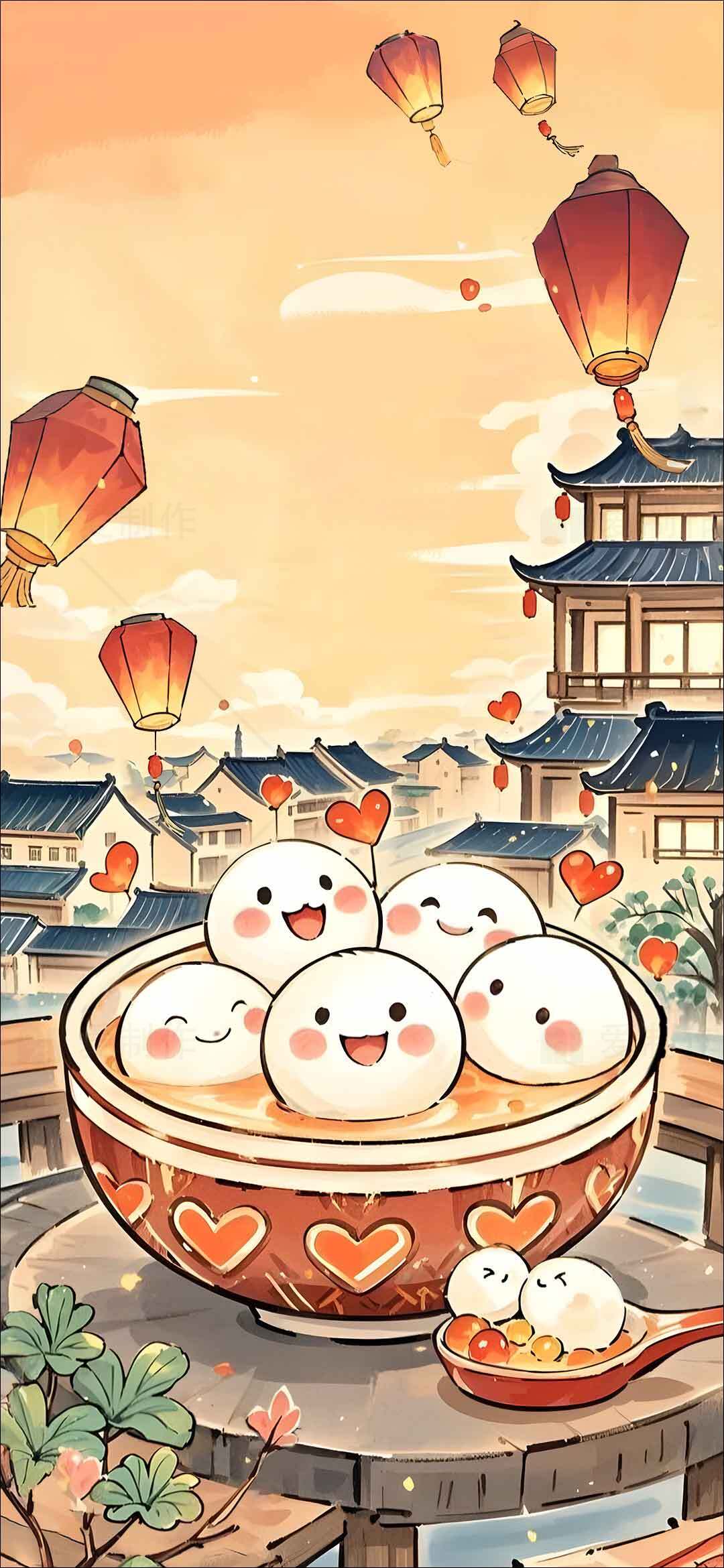 元宵节可爱汤圆插画：传统与温馨的节日氛围素材