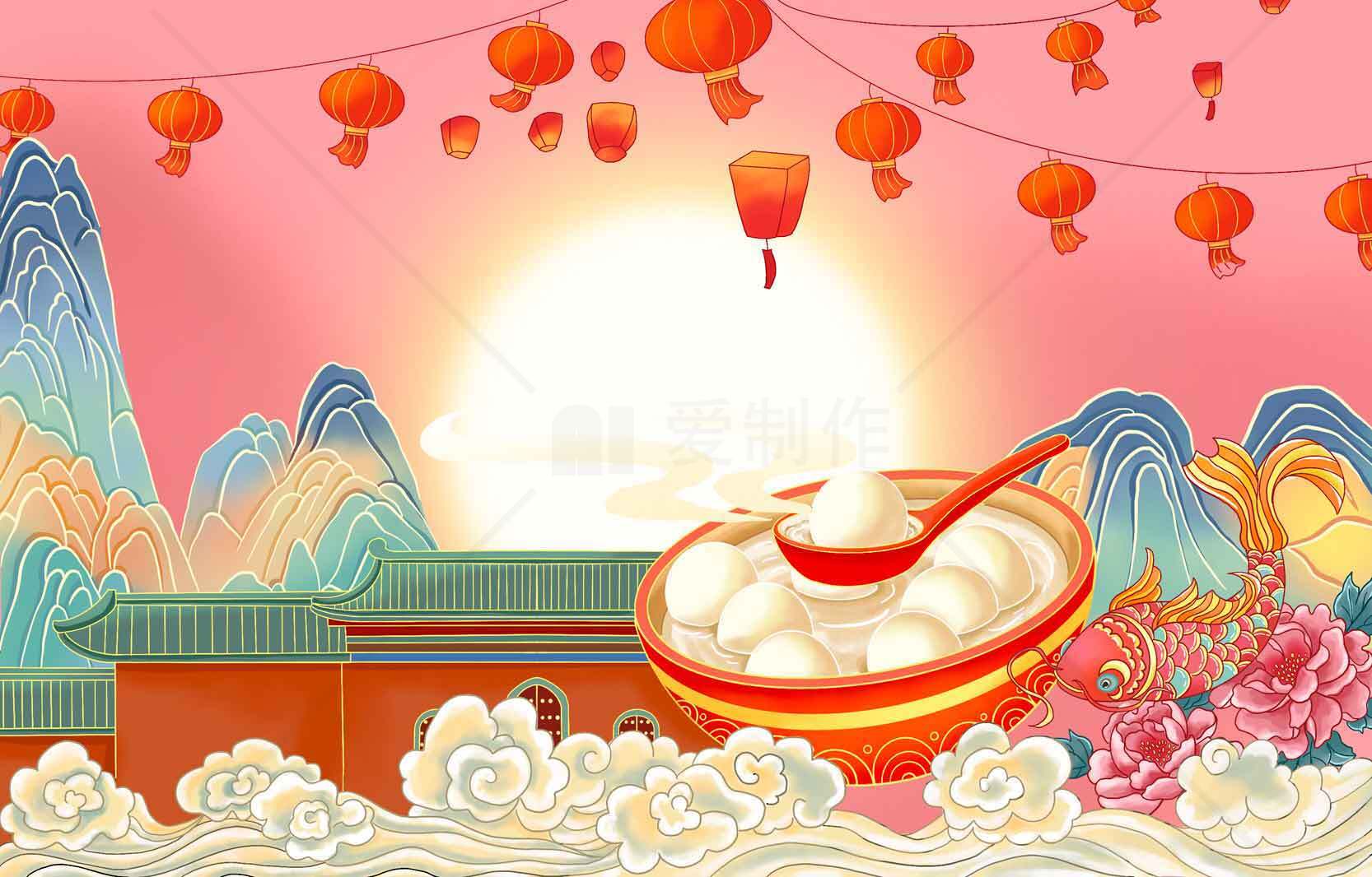 元宵节传统文化插画：红灯笼与汤圆的节日氛围素材