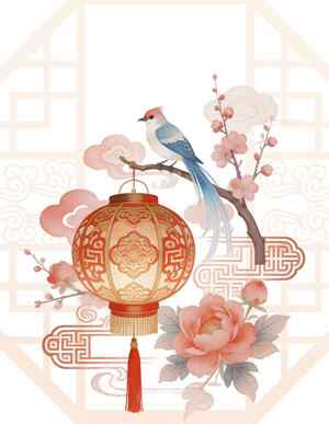 中式传统灯笼与花鸟插画设计