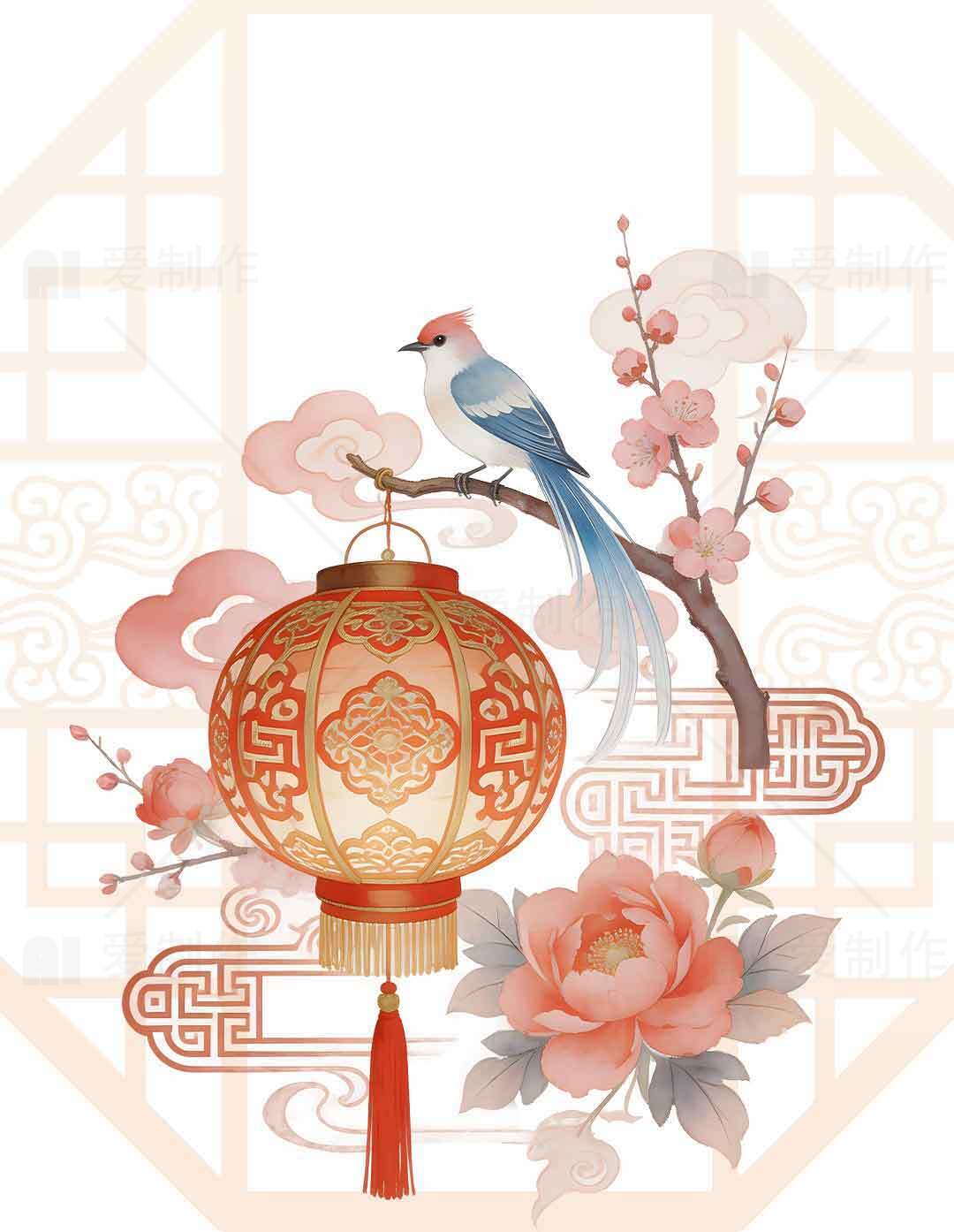 中式传统灯笼与花鸟插画设计素材