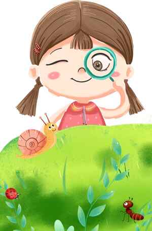 小女孩探索自然的卡通插画图片