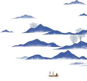 山水意境插画：蓝色山峦与渔舟