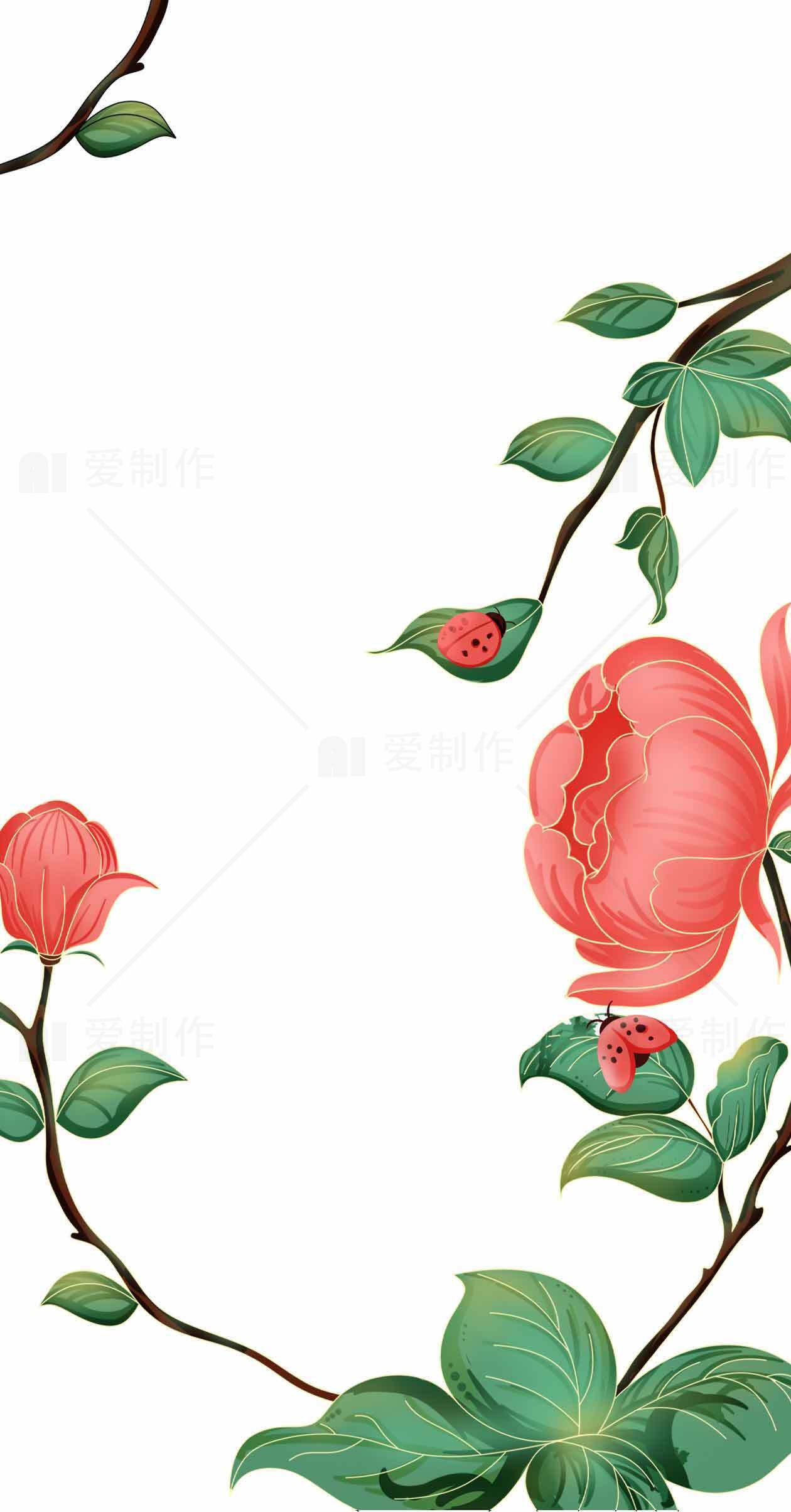 唯美手绘花卉与瓢虫背景图片素材