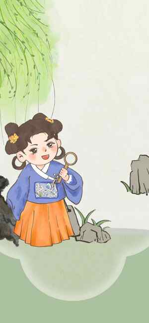 古风插画：手持风车的女孩与自然景色