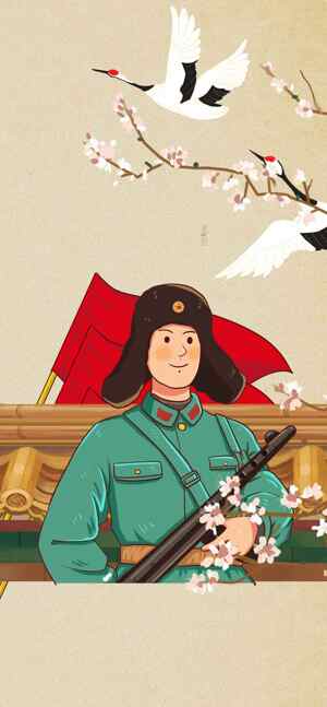 传统中国风插画：红旗与士兵