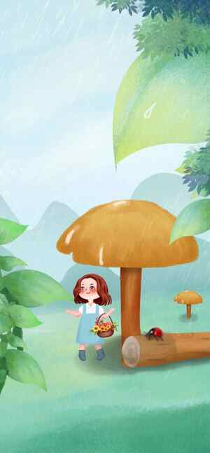 森林童话场景插画：女孩与蘑菇的奇遇